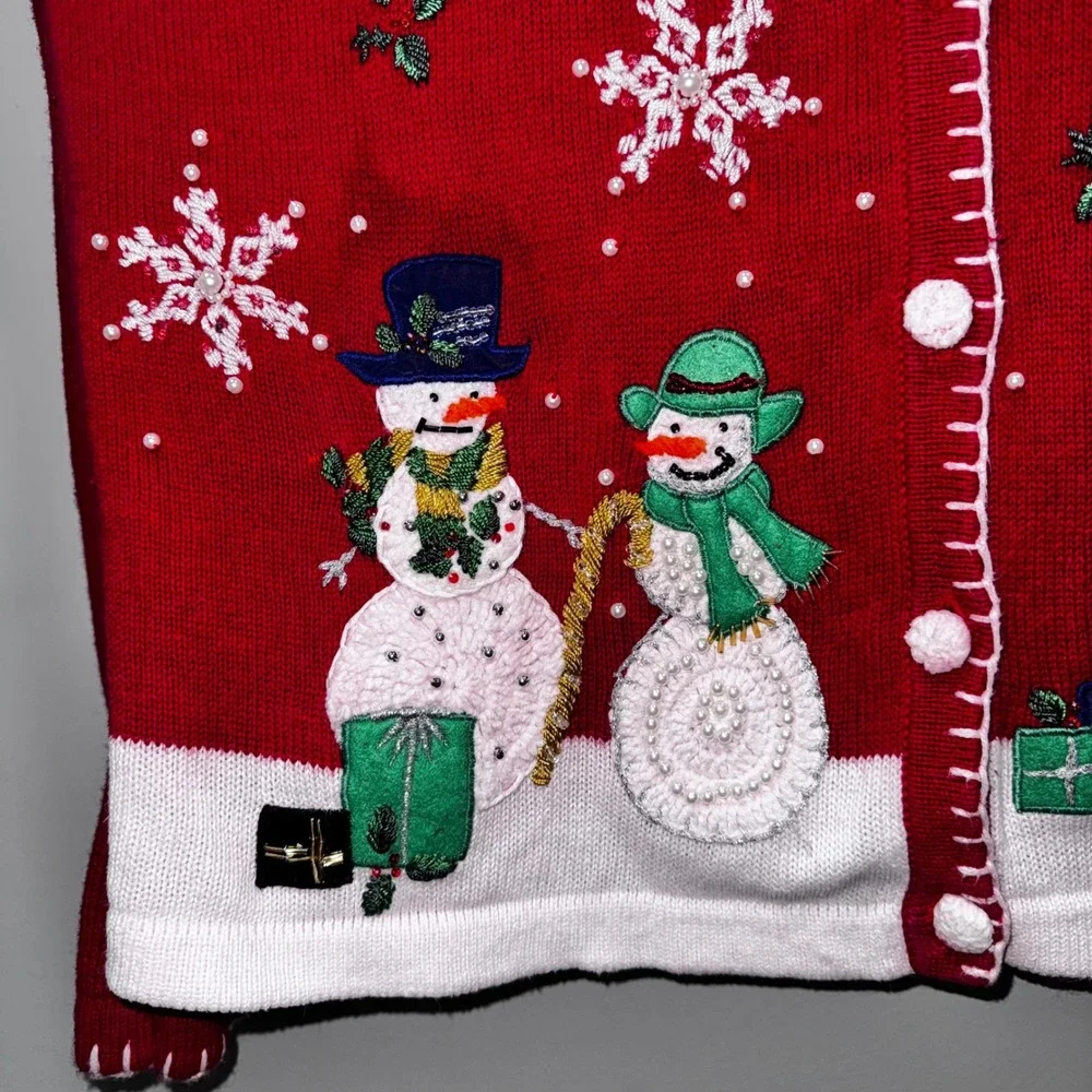 Vintage‎ B.P. Design Womens Red Snowman Snowflake Christmas Cardigan Sweater  L - Picture 4 of 12